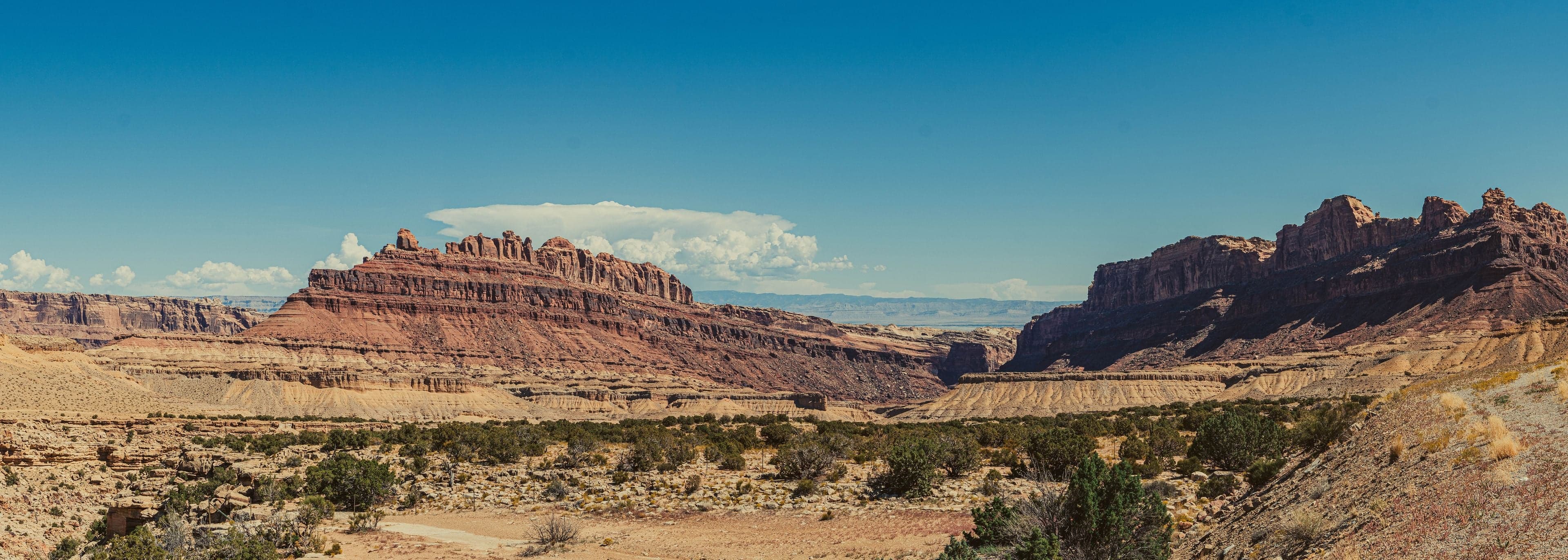 A wide panorama of dramatic red and tan layered sandstone canyon walls and buttes above a desert scrubland floor.