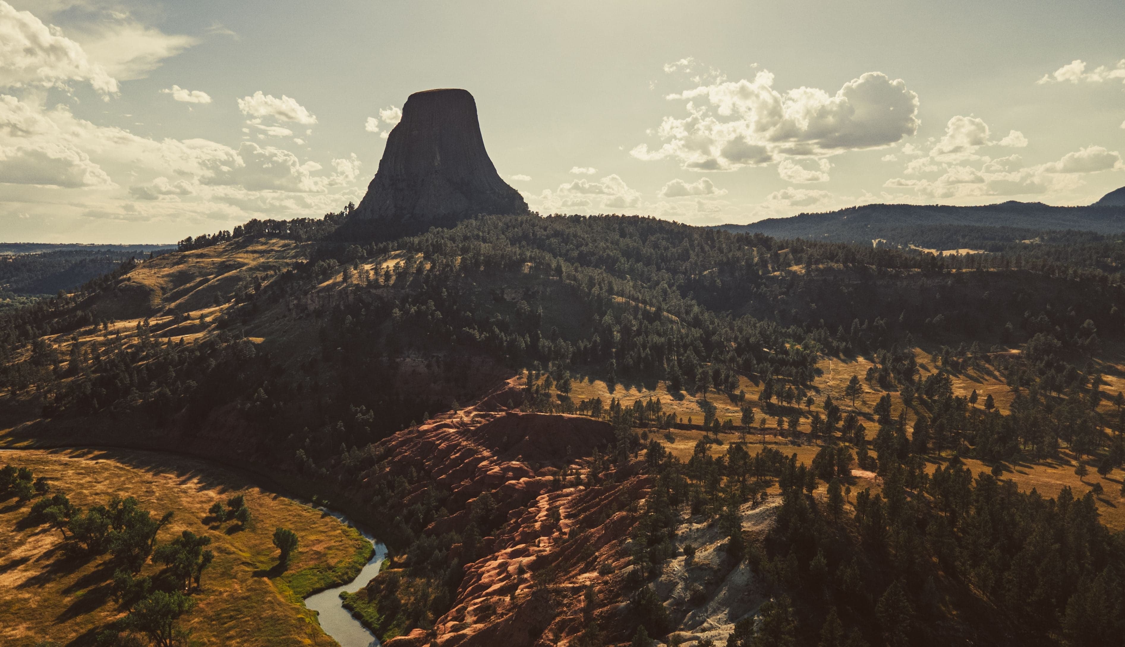 Devils Tower stands above a serpentine river canyon in warm golden-hour light, the pine forest glowing amber.
