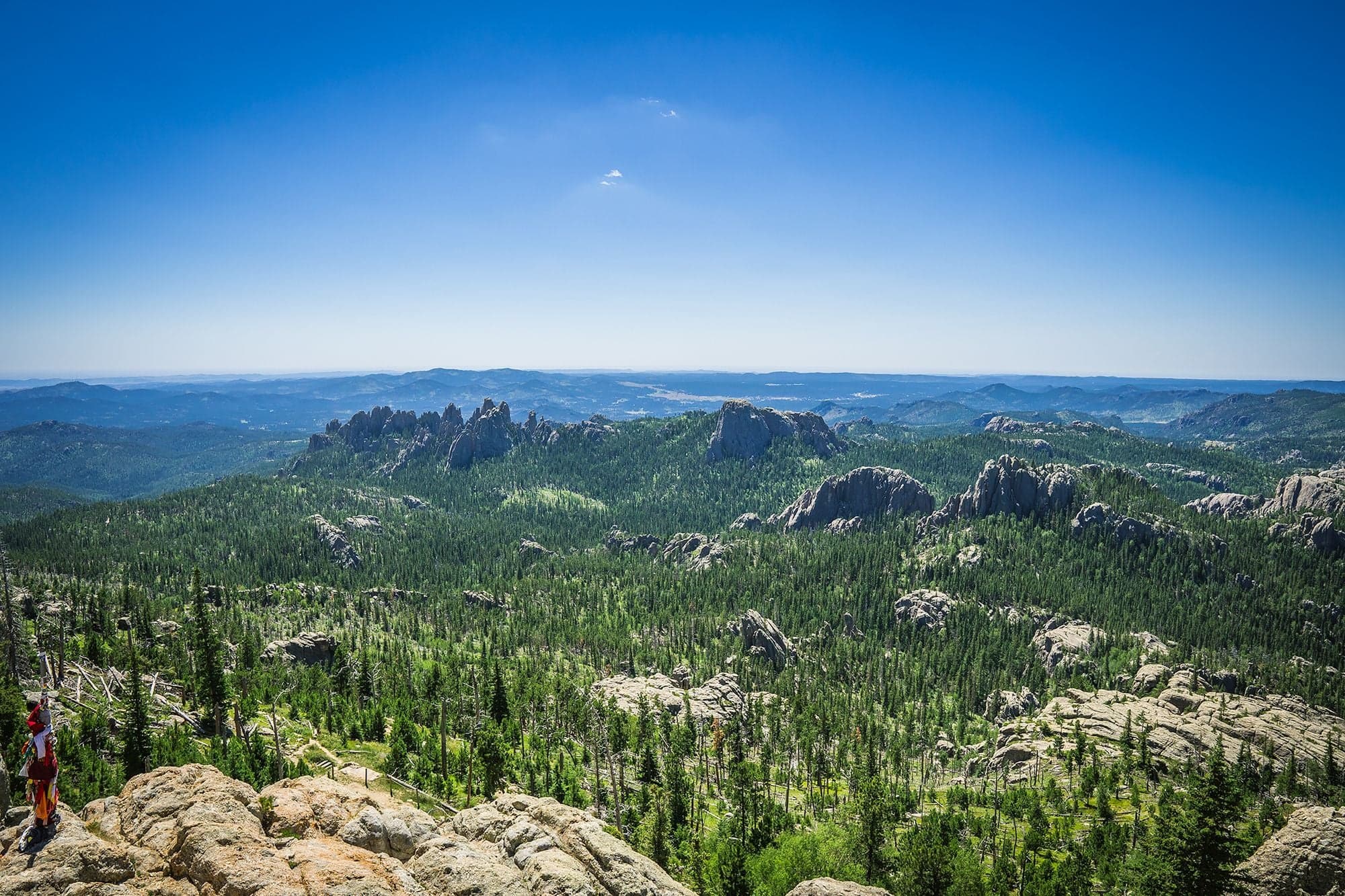 A wide summit vista from Black Elk Peak over a sea of granite spire formations in endless pine forest to the hazy horizon.