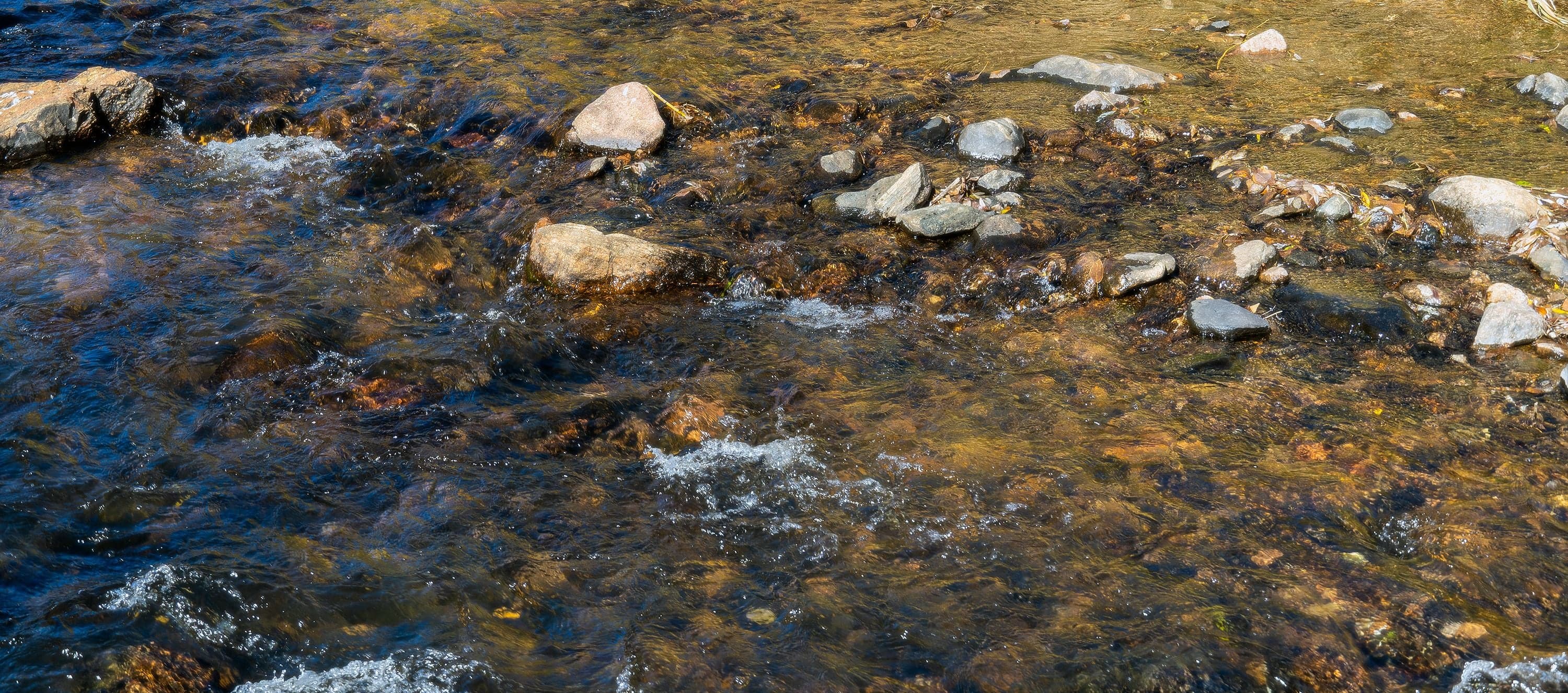 Clear shallow water flows over smooth rounded river stones in warm golden tones with gentle surface ripples.