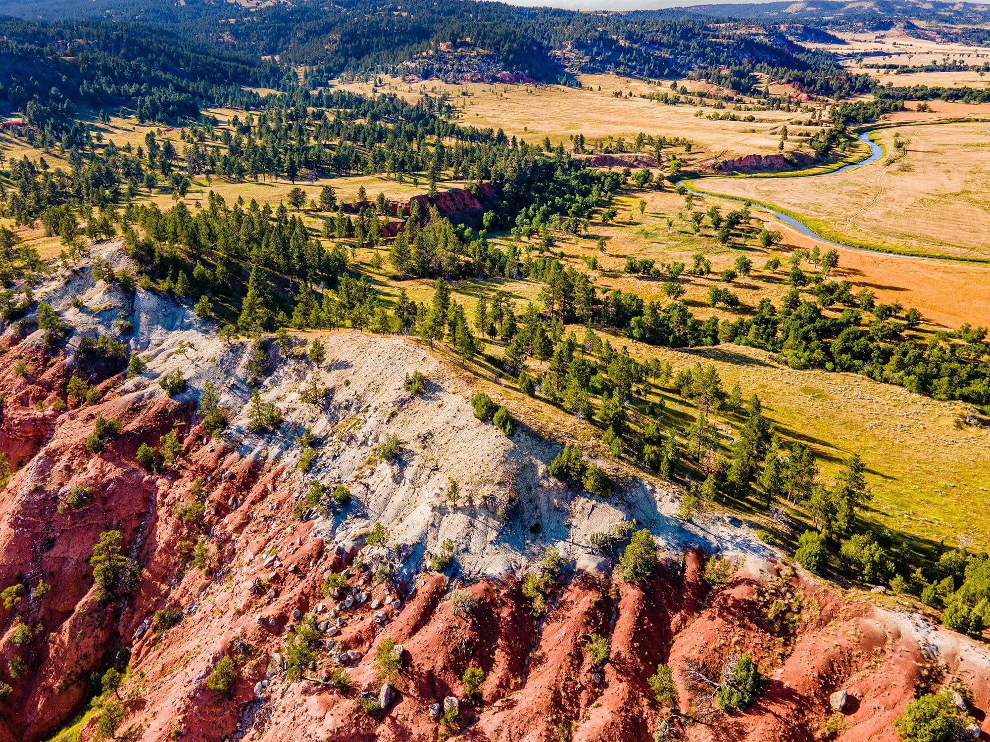 An aerial of red clay canyon walls and a winding river at left opening into a broad green valley with pine-dotted hills.